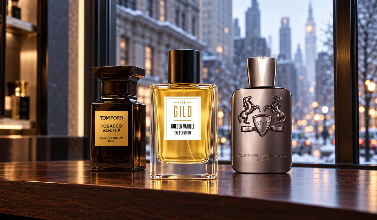 Golden Vanille, Tom Ford Tobacco Vanille and Parfums de Marly Herod on a walnut shelf against a blurred snowy city.