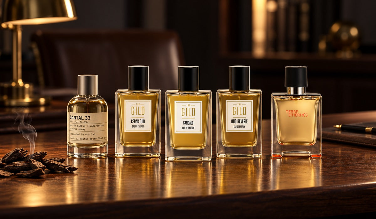 Le Labo Santal 33, Cedar Oud, Sandalo, Oud Reverie and Terre d’Hermès on a dark walnut desk with a discreet wisp of smoke beside oud chips.