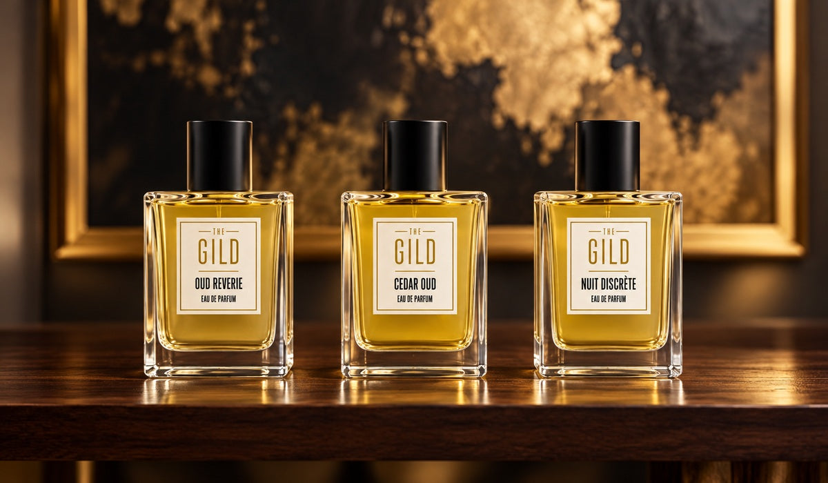 Oud Reverie, Cedar Oud and Nuit Discrete on a walnut retail shelf in front of a blurred dark and gold painting