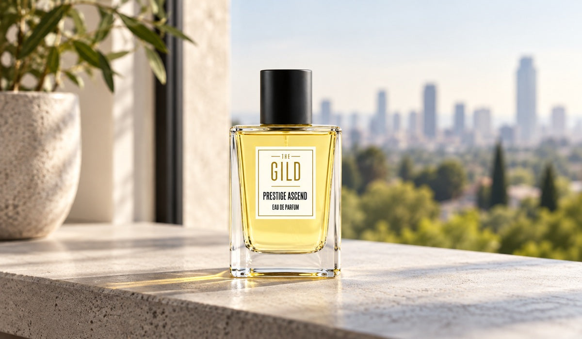 Prestige Ascend on a pale gray concrete shelf with a softly blurred city and greenery outside the window
